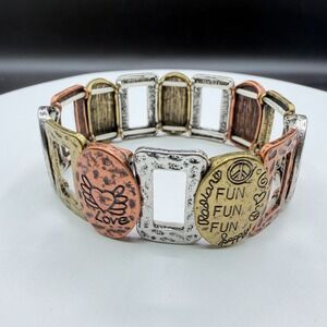 Mixed Metal Peace Love Fun Stretch Bracelet Boho Statement Chunky Festival Gift